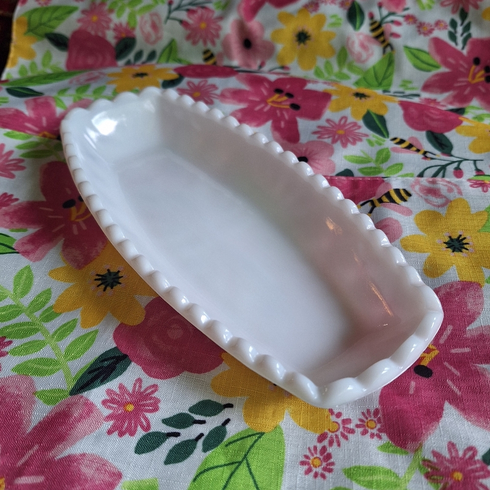 Milk Glass Relish Dish Serving Tray Vintage Mid-century Modern Etched Glassware